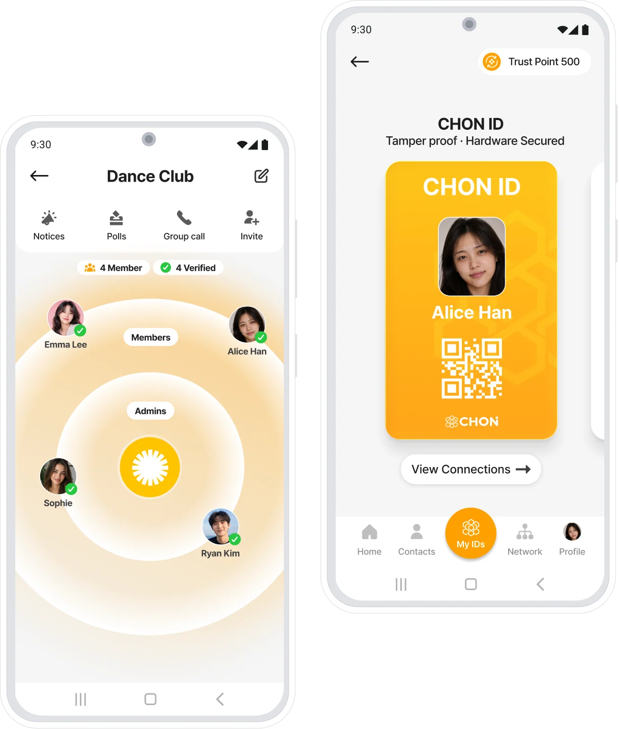 CHON app — circle screen and CHON ID card