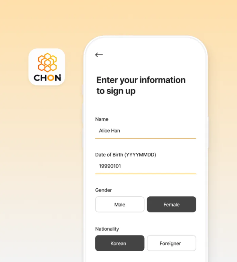 CHON app onboarding screen 1