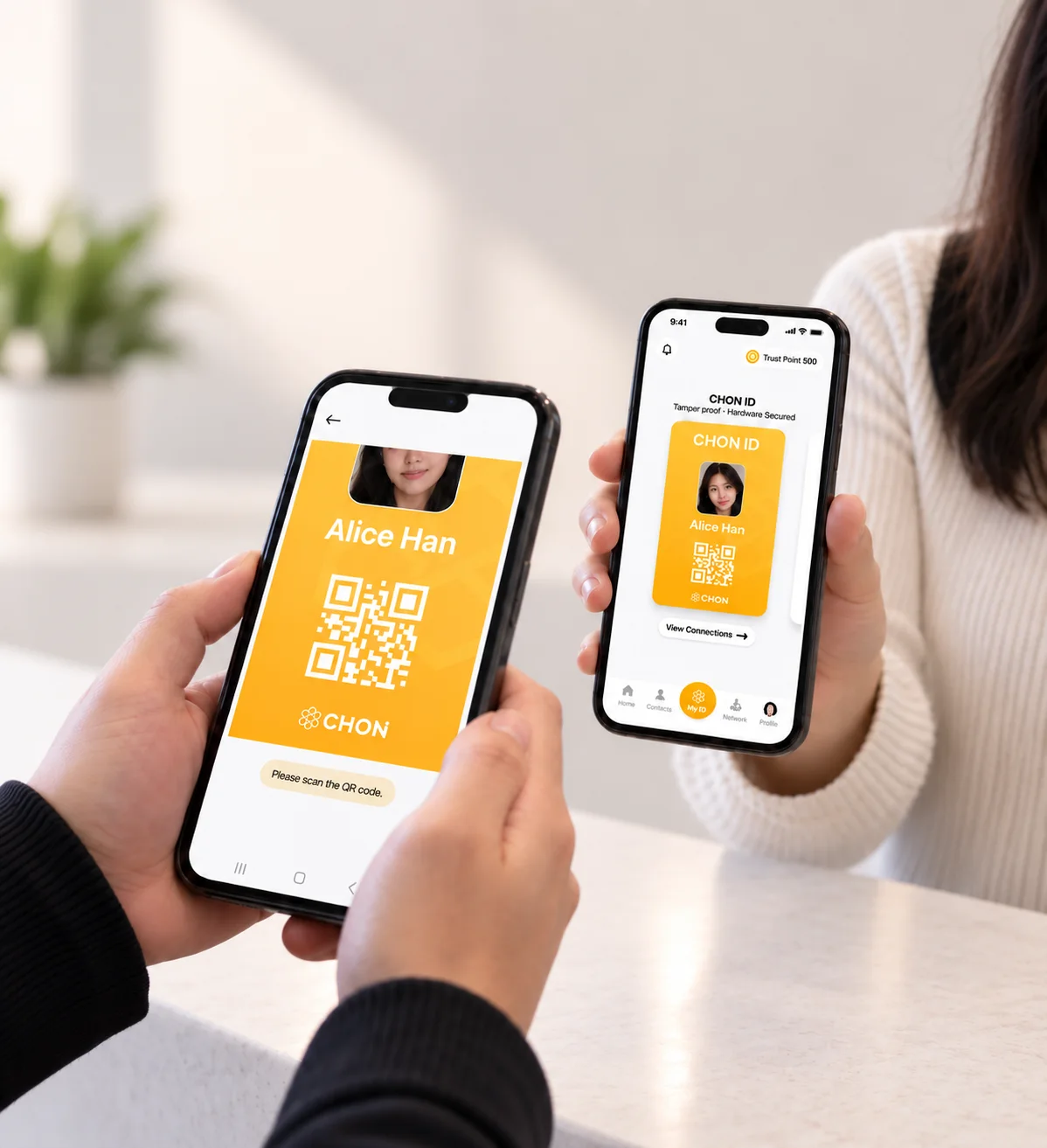CHON ID — two people verifying each other by QR