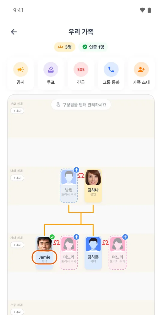 가계도에서 가족 누르기
