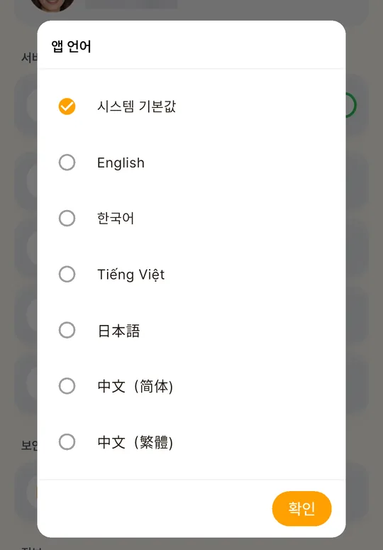앱 언어 선택 창